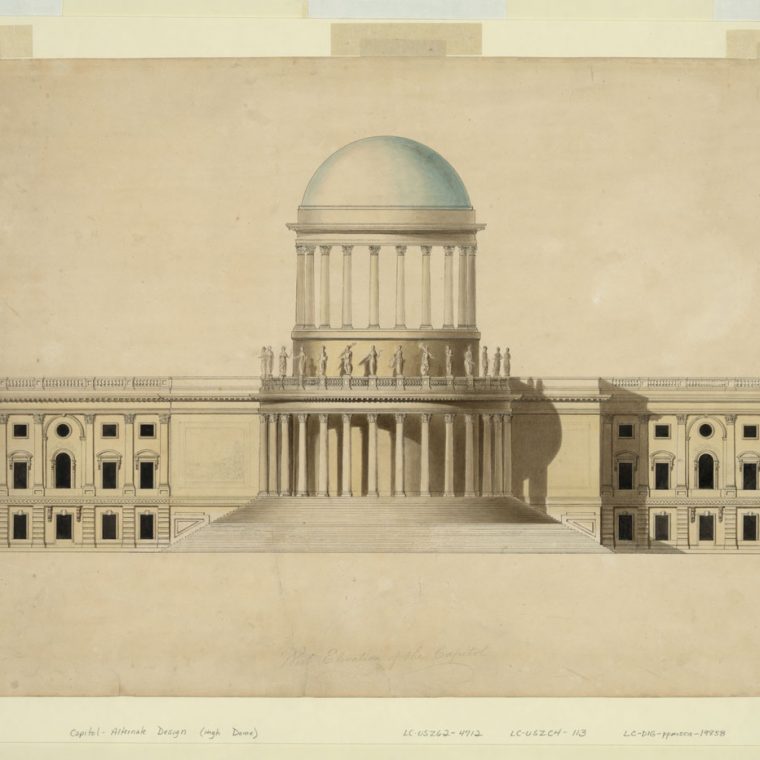 Proposed design for the US Capitol with high dome by William Thornton, c. 1797. Library of Congress, Prints and Photographs Division, LC-DIG-ppmsca-19858. 