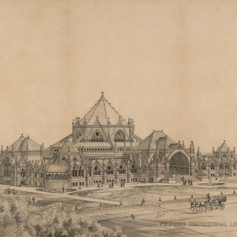 Competition entry for the Library of Congress by Alexander R. Esty, c. 1880. This proposal for the Library of Congress was an unusual application of the Gothic Revival style. Library of Congress, Prints & Photographs Division, LC-DIG-ppmsca-31519. 