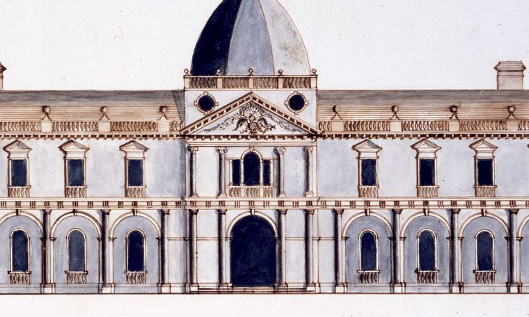 Main elevation of Capitol competition entry by James Diamond, 1792. Many entries to the design competition for the “Congress House” were by amateurs, including this one notable for its crudely drawn weathercock. Courtesy of the Maryland Historical Society, 1976.88.51 