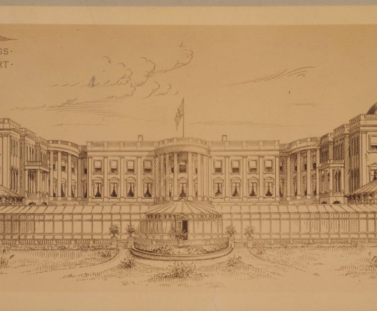 Proposed Extensions to the White House (Executive Mansion) by Robert Owen, 1891-1901. This was one of several proposals in the late 19th century for expanding or relocating the Executive Mansion to provide more space for a growing government. Owen proposed creating two approximate replicas of the original building, rotated 90 degrees in plan and placed to either side, forming an open court with a greenhouse at the south end. Library of Congress, Prints & Photographs Division, LC-USZC4-7736. 