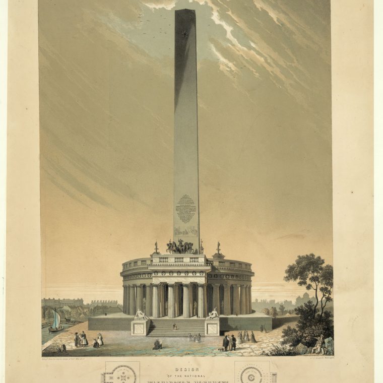 Winning Competition Entry for the Washington Monument by Robert Mills, 1846. Mills’s original proposal called for an obelisk anchored by a circular, Greek-inspired temple at the base. The base was never executed, and the proportions of the obelisk itself were changed when the structure was finally completed nearly four decades after this drawing was produced. Library of Congress, Prints & Photographs Division, LC-DIG-pga-03714. 