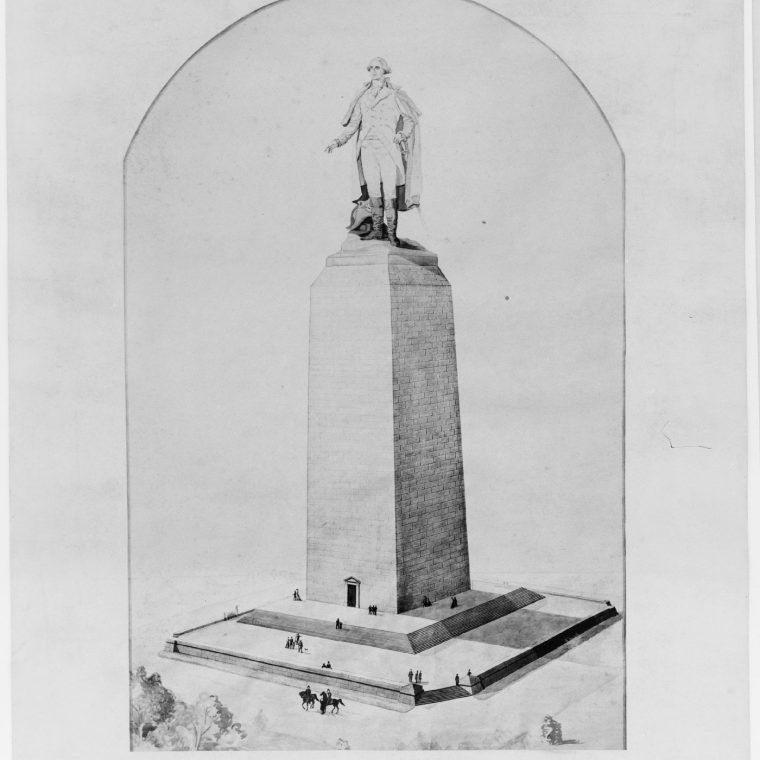 Proposal for the completion of the Washington Monument by Vinnie Ream Hoxie, c. 1876-78. Construction of the Washington Monument began in 1848 but was halted in 1856, leaving an unfinished stump on the National Mall for more than two decades. In the 1870s, various architects and others proposed ideas for finishing the monument, often in unexpected ways. Library of Congress, Prints & Photographs Division, LC-USZ62-113998. 