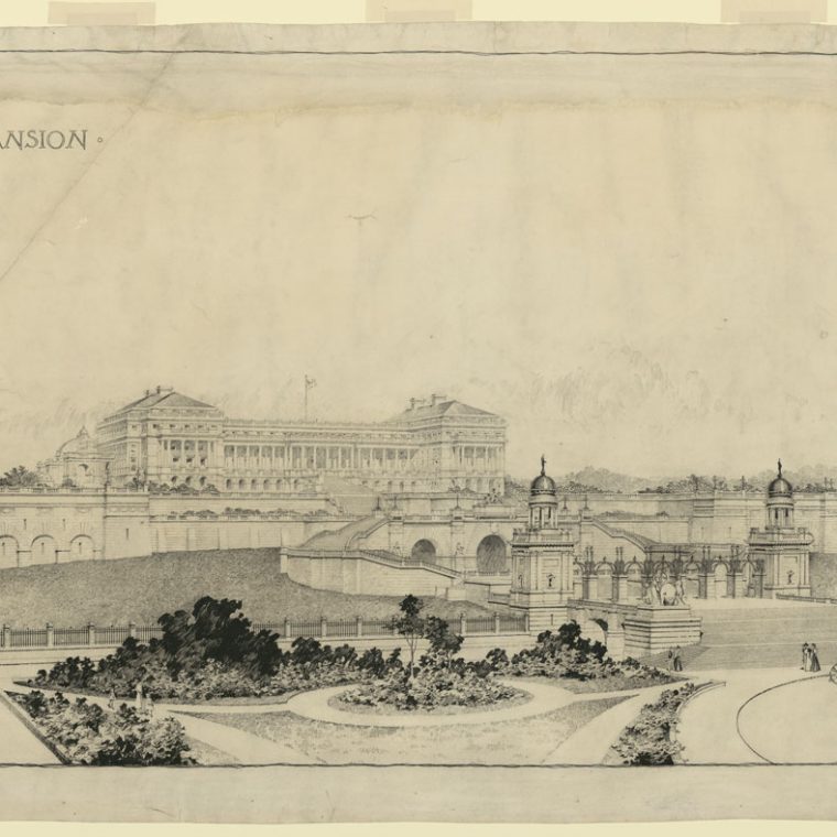 Proposed Executive Mansion on Meridian Hill by Paul J. Pelz, 1898. Mary Foote Henderson, wife of a former U.S. senator, commissioned architect Paul Pelz to design this palatial replacement for the White House for a site on Meridian Hill, directly across the street from the Hendersons’ own mansion. Library of Congress, Prints & Photographs Division, LC-DIG-ppmsca-31528. 