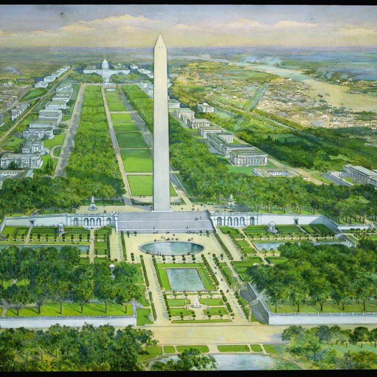 Rendering of the Proposal for the Washington Monument grounds, by the Senate Park Commission, 1901-02. The wide steps, the circular pool, and the terraced gardens were all intended to provide a more dignified base for the monument, while resolving the awkward geometry resulting from its placement off the axis from the White House. Courtesy of the U.S. Commission of Fine Arts 