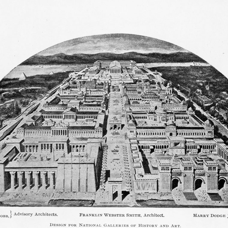 Design for National Galleries of History and Art by Franklin Webster Smith, 1900. The project would have stretched from 17th Street, near the White House, all the way to the Potomac River. National Galleries of History and Art: The Aggrandizement of Washington (F.W. Smith, 1900). 