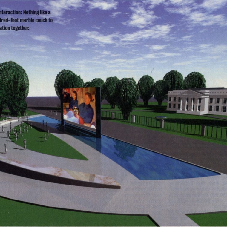 Rendering of the proposed National Sofa, to be located across Pennsylvania Avenue from the White House, by Jim Allegro, AIA, and Doug Michels, 1996. Allegro and Michels were concerned that the closure of Pennsylvania Avenue following the Oklahoma City bombing would further isolate the presidency from the people. They proposed the National Sofa as a place of virtual and physical interaction to address that gap. Copyright: James Allegro, AIA and Doug Michels. 