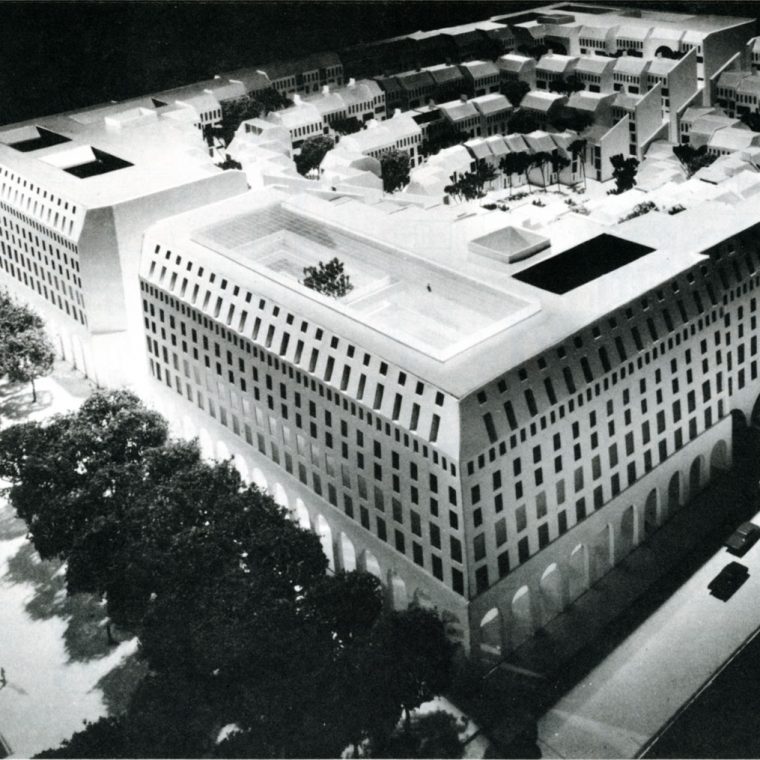 Proposal for “Housing on the Avenue” by Hugh Newell Jacobsen, 1974. This project would have been located on the current site of Market Square, along Pennsylvania Avenue, NW. The terraced design was inspired by Italian hill towns. Courtesy Jacobsen Architecture, LLC. 