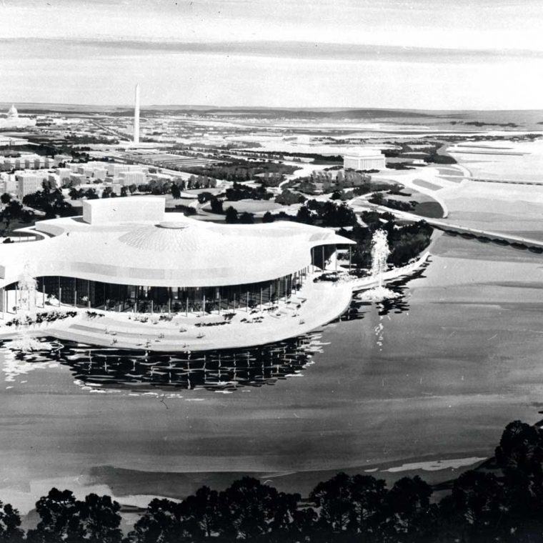 Preliminary proposal for the National Cultural Center (later Kennedy Center), Edward Durell Stone, 1959. Stone’s curvilinear original design contrasts sharply with the boxy design that was executed. Edward Durell Stone Collection (MC 340), Box 104. Special Collections, University of Arkansas Libraries, Fayetteville. 