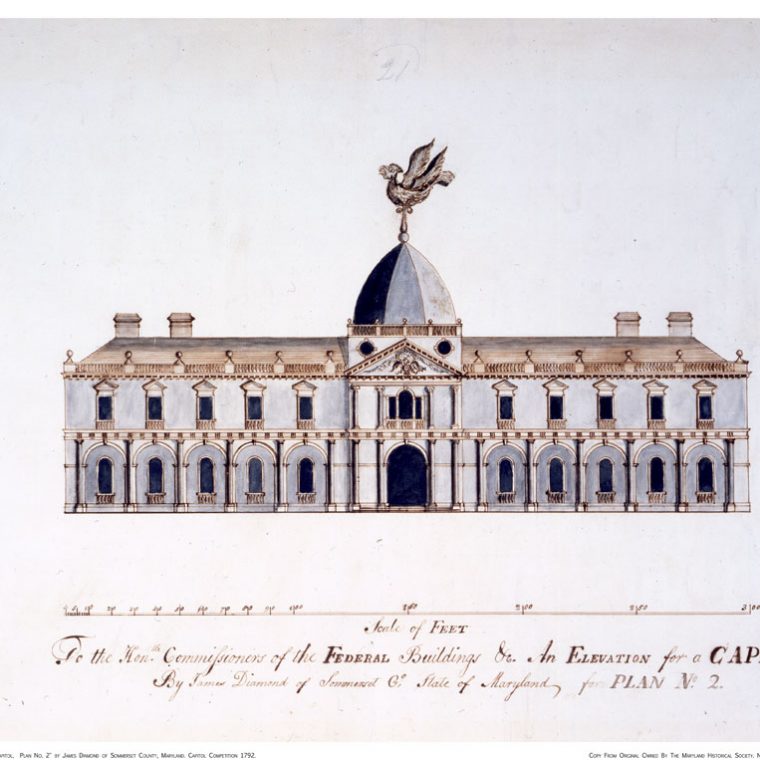 Main elevation of Capitol competition entry by James Diamond, 1792. Many entries to the design competition for the “Congress House” were by amateurs, including this one notable for its crudely drawn weathercock. Courtesy of the Maryland Historical Society, 1976.88.51 