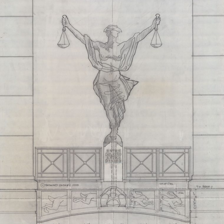 Alexandria Courthouse, Justice Delayed, Justice Denied, preparatory drawing. Kaskey Studio. 