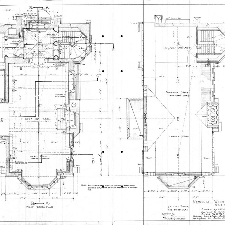 First and Second Floor Plans, Memorial Wing of Cathedral Library, 1924. Courtesy of Washington National Cathedral Construction Archives Collection, National Building Museum Collection. 