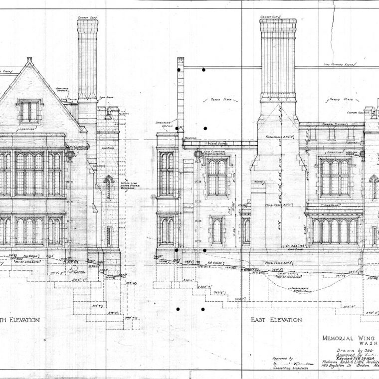 South and East Elevations, Memorial Wing of Cathedral Library, 1924. Courtesy of Washington National Cathedral Construction Archives Collection, National Building Museum Collection. 