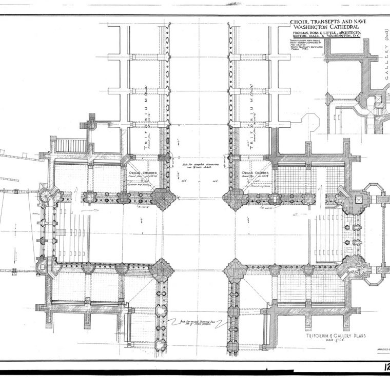 Choir, Transepts and Nave, Triforium and Gallery Plans, 1931. Courtesy of Washington National Cathedral Construction Archives Collection, National Building Museum Collection. 