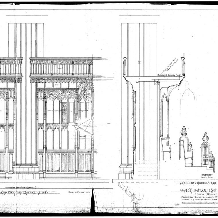 Elevation on Chapel Side and Section Through Choir Stalls, Washington Cathedral, 1937. Courtesy of Washington National Cathedral Construction Archives Collection, National Building Museum Collection. 