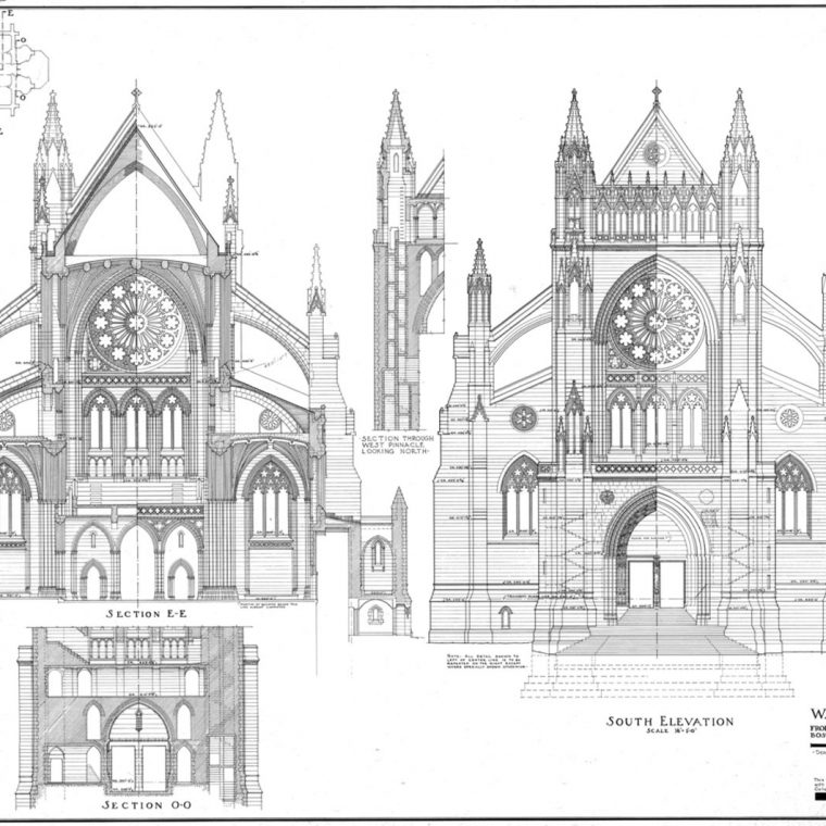 South Transept Elevation and Sections, Washington Cathedral, 1951. Courtesy of Washington National Cathedral Construction Archives Collection, National Building Museum Collection. 