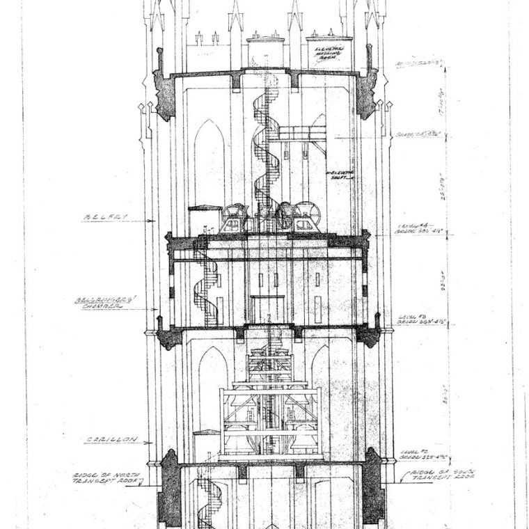 Central Tower, Washington Cathedral, Diagrammatic Section Looking East, Showing Location of Bells and Carillon, 1961. Courtesy of Washington National Cathedral Construction Archives Collection, National Building Museum Collection. 