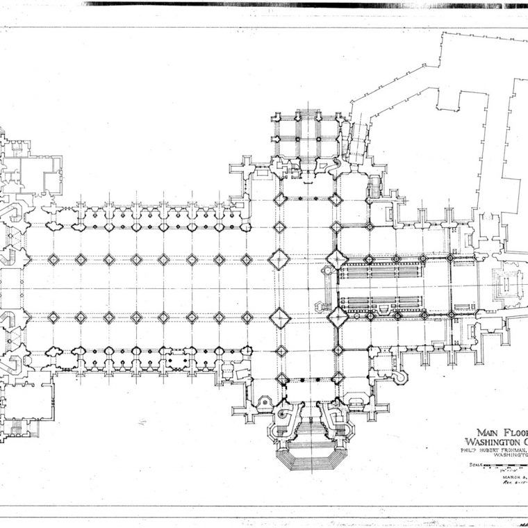 Main Floor Plan, Washington Cathedral, 1964. Courtesy of Washington National Cathedral Construction Archives Collection, National Building Museum Collection. 