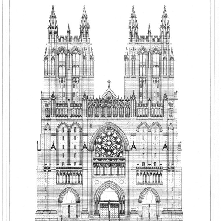 West Front and Towers, Washington Cathedral, 1974. Courtesy of Washington National Cathedral Construction Archives Collection, National Building Museum Collection. 