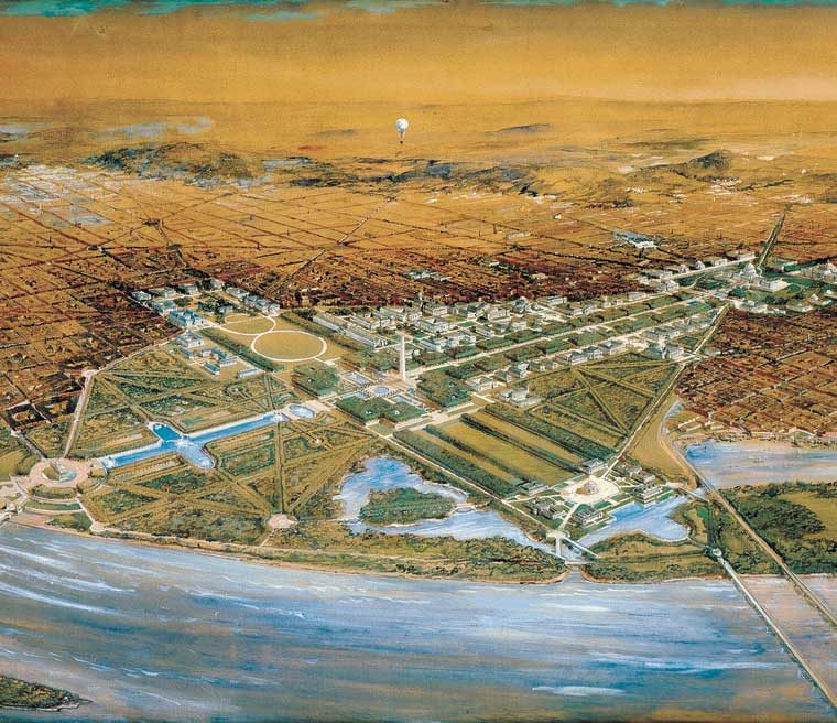 Bird’s eye view of the Senate Park Commission central plan of 1901–1902, from a point 4,000 feet above Arlington, rendering by F. L. V. Hoppin. Courtesy U.S. Commission of Fine Arts. 