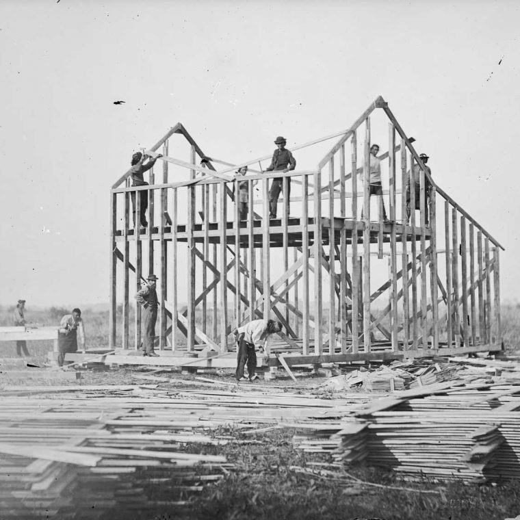 Balloon frame house under construction, Omaha Reservation, Nebraska, 1877. Photo by William Henry Jackson; The National Anthropological Archives, Smithsonian Institution. 