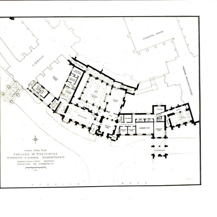 Lower Floor Plan, College of Preachers, Washington Cathedral. Courtesy of Washington National Cathedral Construction Archives Collection, National Building Museum Collection. 