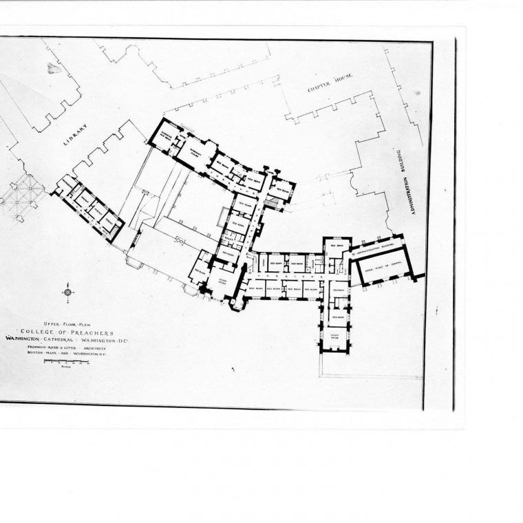 Upper Floor Plan, College of Preachers, Washington Cathedral. Courtesy of Washington National Cathedral Construction Archives Collection, National Building Museum Collection. 