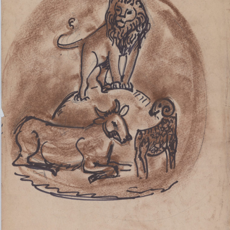 Lion, Bull, and Ram, stone art sketch by Heinz Warneke, 20th century. Courtesy Washington National Cathedral Construction Archives Collection. 