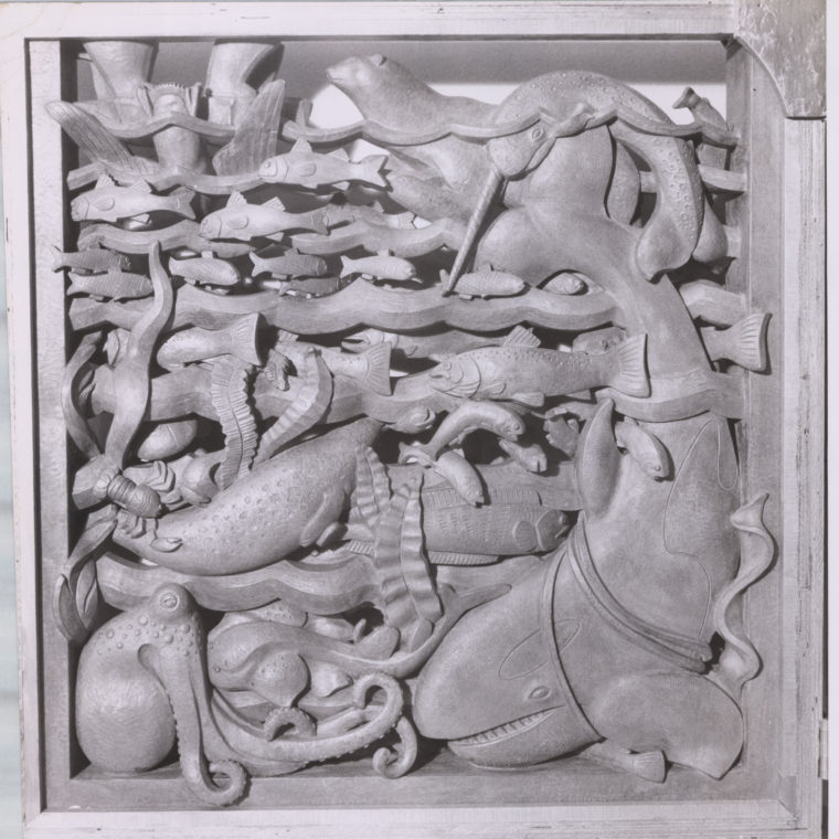 Animals of the sea, sculpture photograph by Byron Chambers, 20th century. Courtesy Washington National Cathedral Construction Archives Collection. 