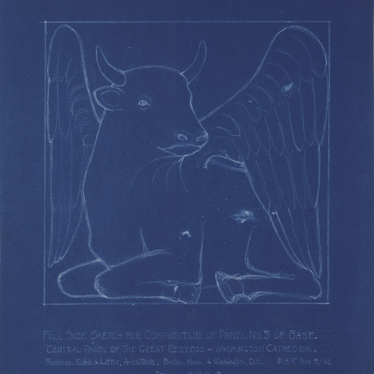 Blueprint sketch of winged bull, by Frohman, Robb & Little Architects. Courtesy Washington National Cathedral Construction Archives Collection. 