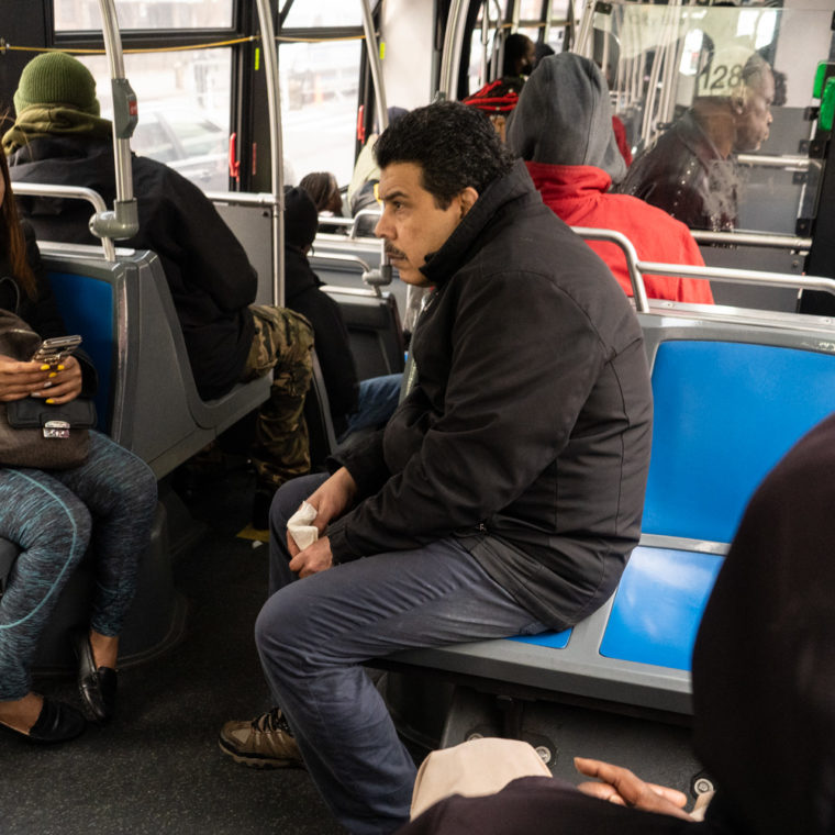 March 18, 2020: Riding the 15 bus, Willis Avenue at East 138th Street, Bronx, New York. © Camilo José Vergara 