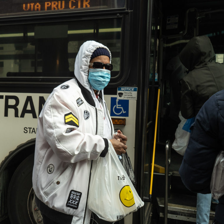 March 16, 2020: Boarding the bus at Market and Broad Streets, Newark, New Jersey. © Camilo José Vergara 