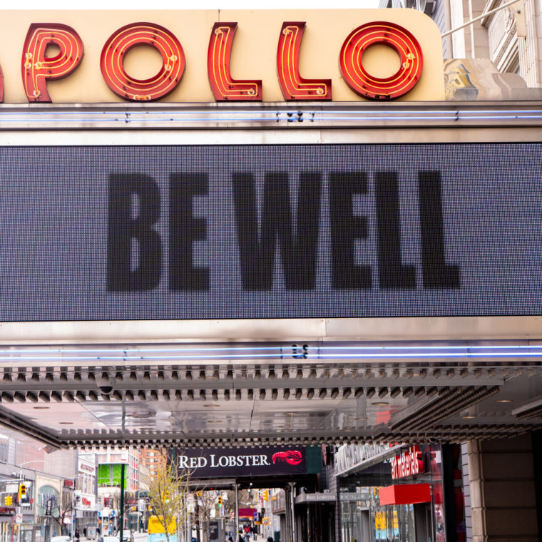 April 4, 2020: Apollo Theater marquee, 253 West 125th Street, Harlem, New York, New York. © Camilo José Vergara 