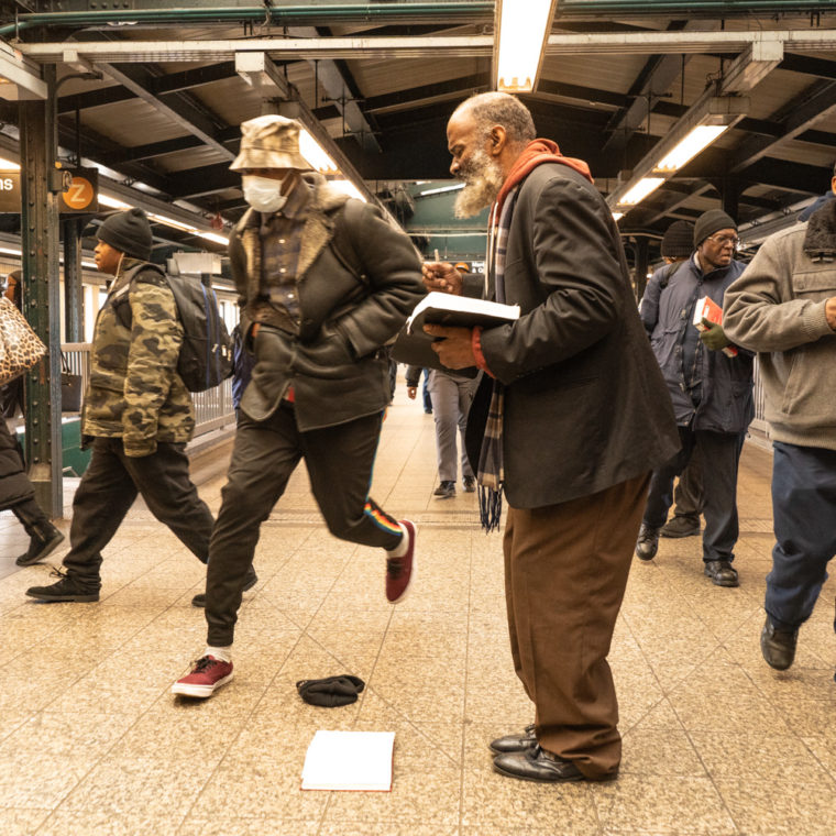 March 17, 2020: Evangelist at Broadway Junction subway station, Brooklyn, New York. © Camilo José Vergara 