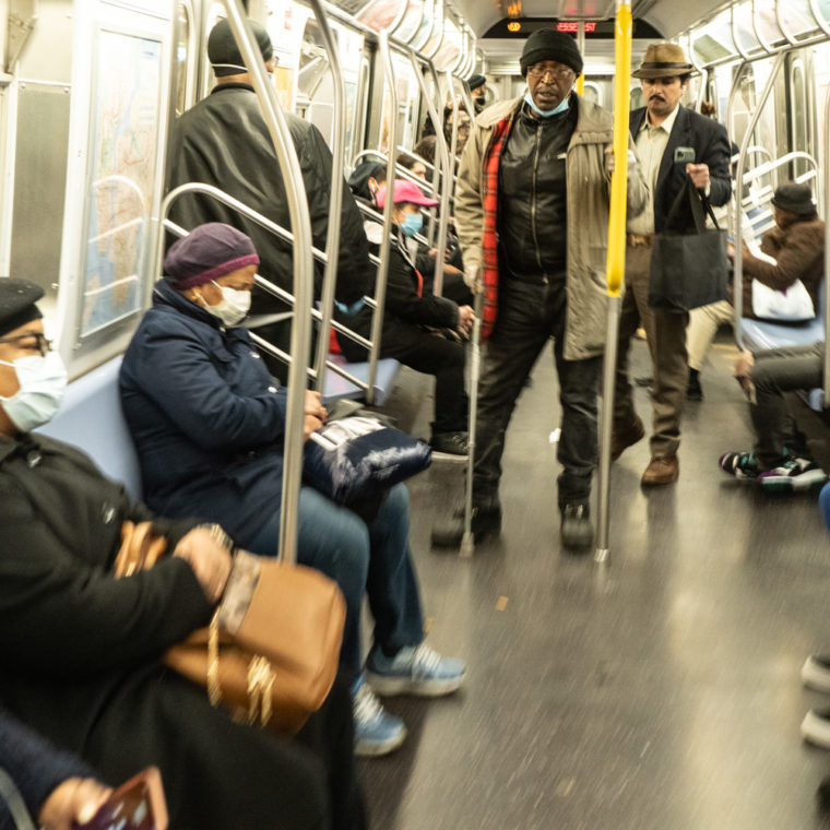 March 30, 2020: Riding the J train at Essex Street subway station, New York, New York. © Camilo José Vergara 