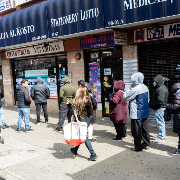 March 22, 2020: Waiting in line outside Al Kosto Pharmacy, 37-65 90th Street, Queens, New York. © Camilo José Vergara 