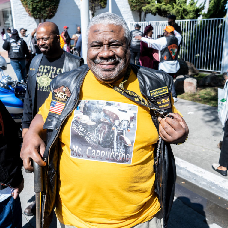 March 11, 2020: Motor Mouth at the memorial service for his friend Spiderman, Stewart’s Rose Manor Funeral Service, 3331 W. Macdonald Avenue, Richmond, California. © Camilo José Vergara 