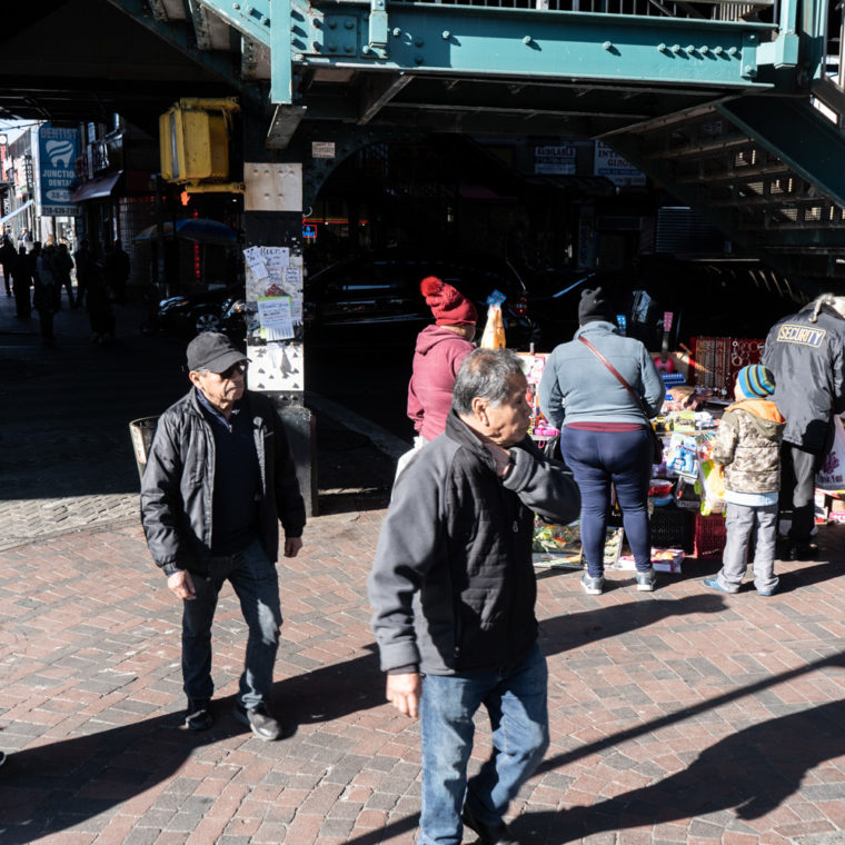 March 15, 2020: Outside the Junction Boulevard subway station at Roosevelt Avenue, Queens, New York. © Camilo José Vergara 