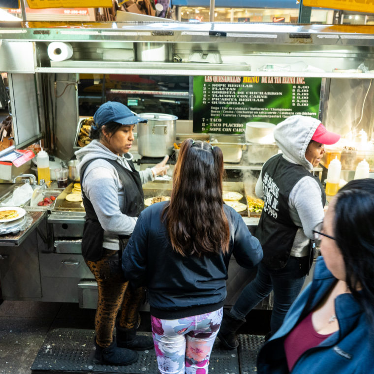 March 15, 2020: Las Quesadillas de Tia Elena food truck, 85-13 Roosevelt Avenue at Junction Boulevard, Queens, New York. © Camilo José Vergara 