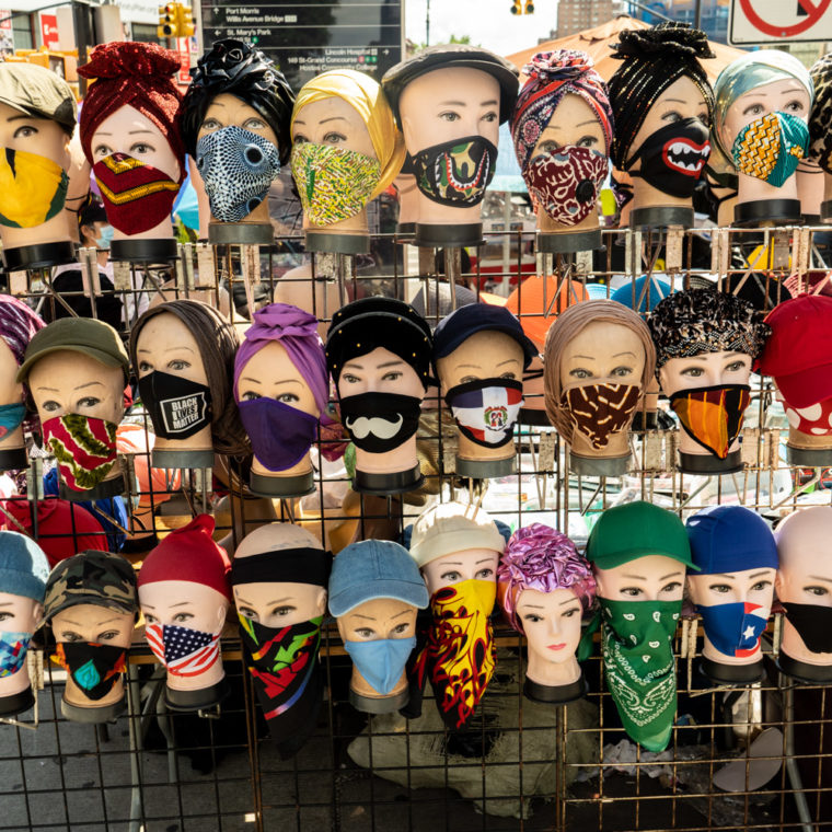 June 15, 2020: This large display of masks shows an amazing array of designs, East 149th Street at Third Ave, Bronx, New York. © Camilo José Vergara 