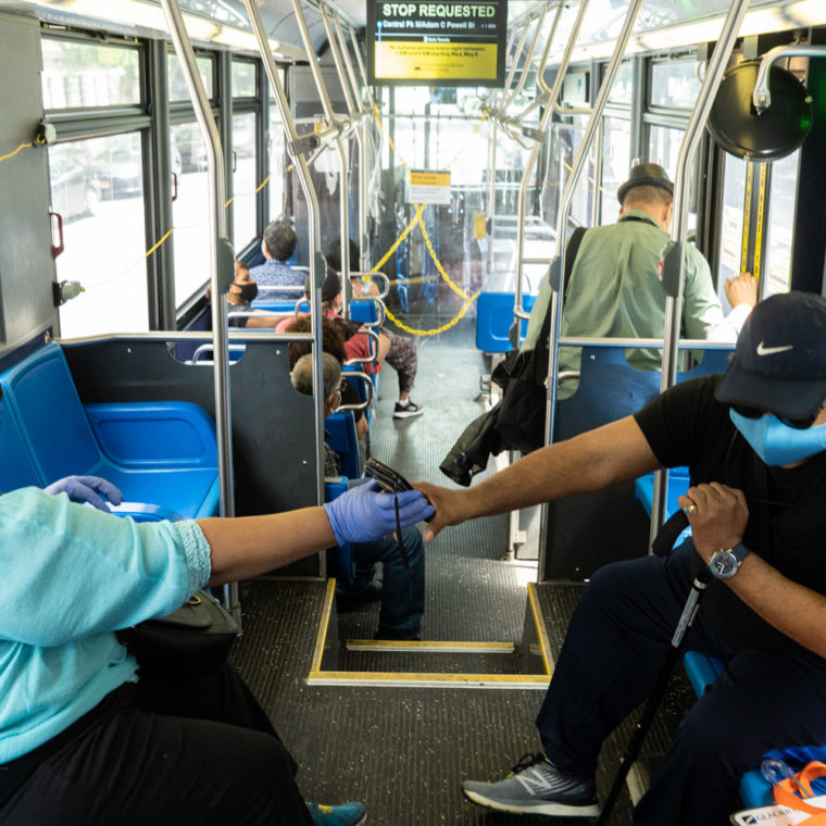 June 7, 2020: Bus traveling along West 110th Street, Harlem, New York, New York. © Camilo José Vergara 