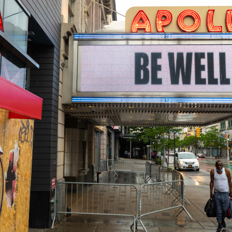 June 3, 2020: A boarded up Blick Art Materials store next to the Apollo Theater, 253 West 125th Street, Harlem, New York, New York. © Camilo José Vergara 