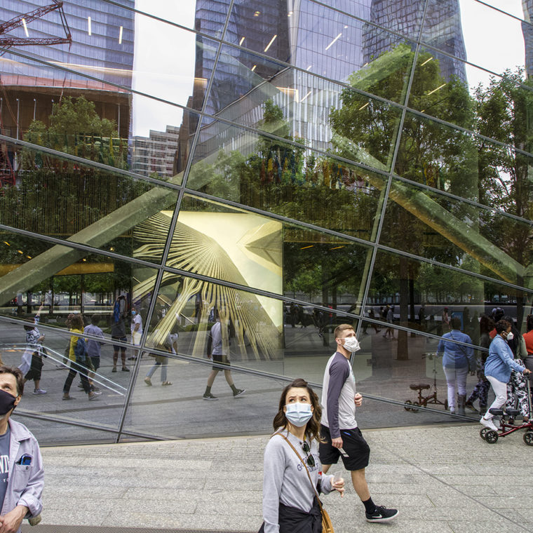 Visitors outside the 9/11 Memorial Museum, New York, New York; 2021. 