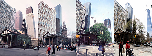 Montage of four photographs taken at St. Paul's Chapel, Broadway at Fulton Street, New York, New York.