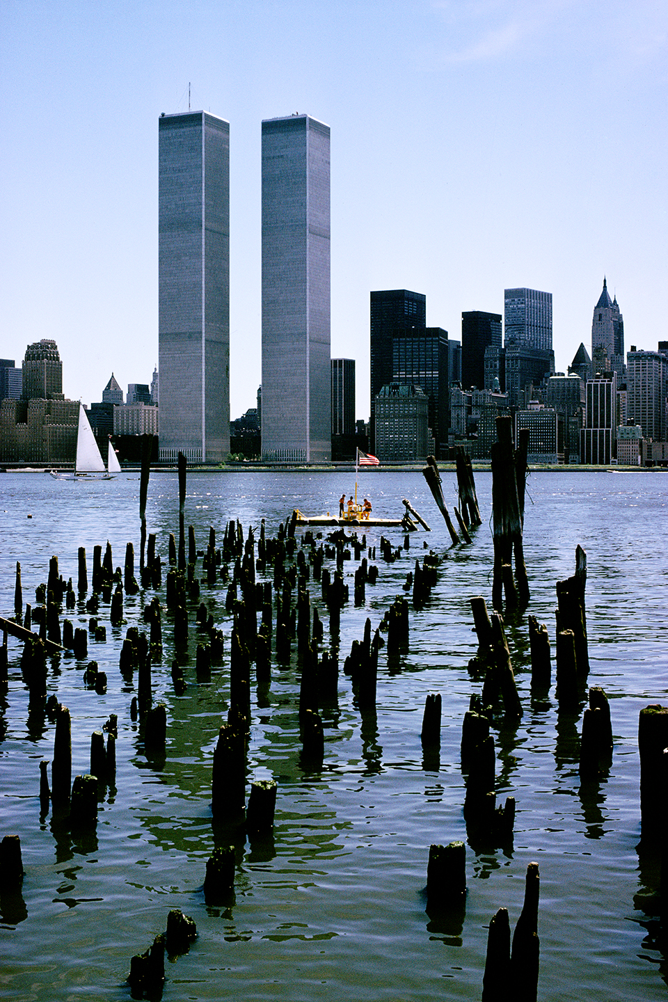 View east across the Hudson River from Exchange Place, Jersey City, New Jersey; July 4, 1978.